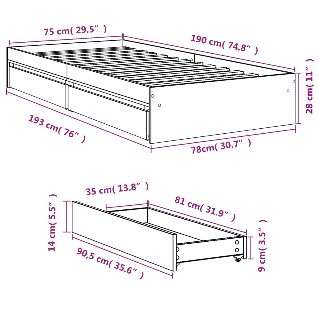 vidaXL Giroletto Cassetti Grigio Sonoma 75x190 cm Legno Multistrato