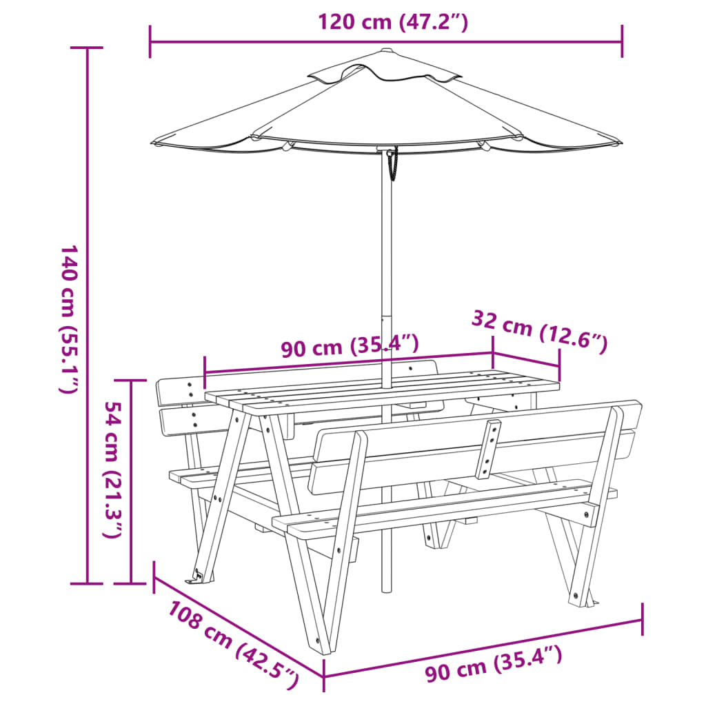 vidaXL Tavolo da Picnic per 4 Bambini con Ombrellone Legno di Abete