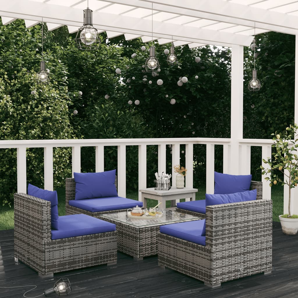 vidaXL Set Divani da Giardino 5 pz con Cuscini in Polyrattan Grigio