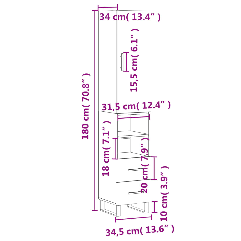 vidaXL Credenza Bianca 34,5x34x180 cm in Legno Multistrato