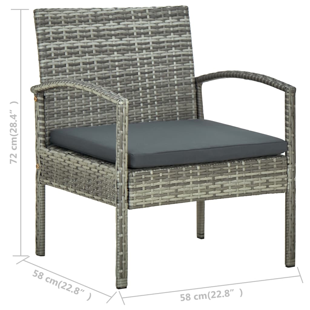 vidaXL Set da Bistrot 3 pz con Cuscini in Polyrattan Grigio