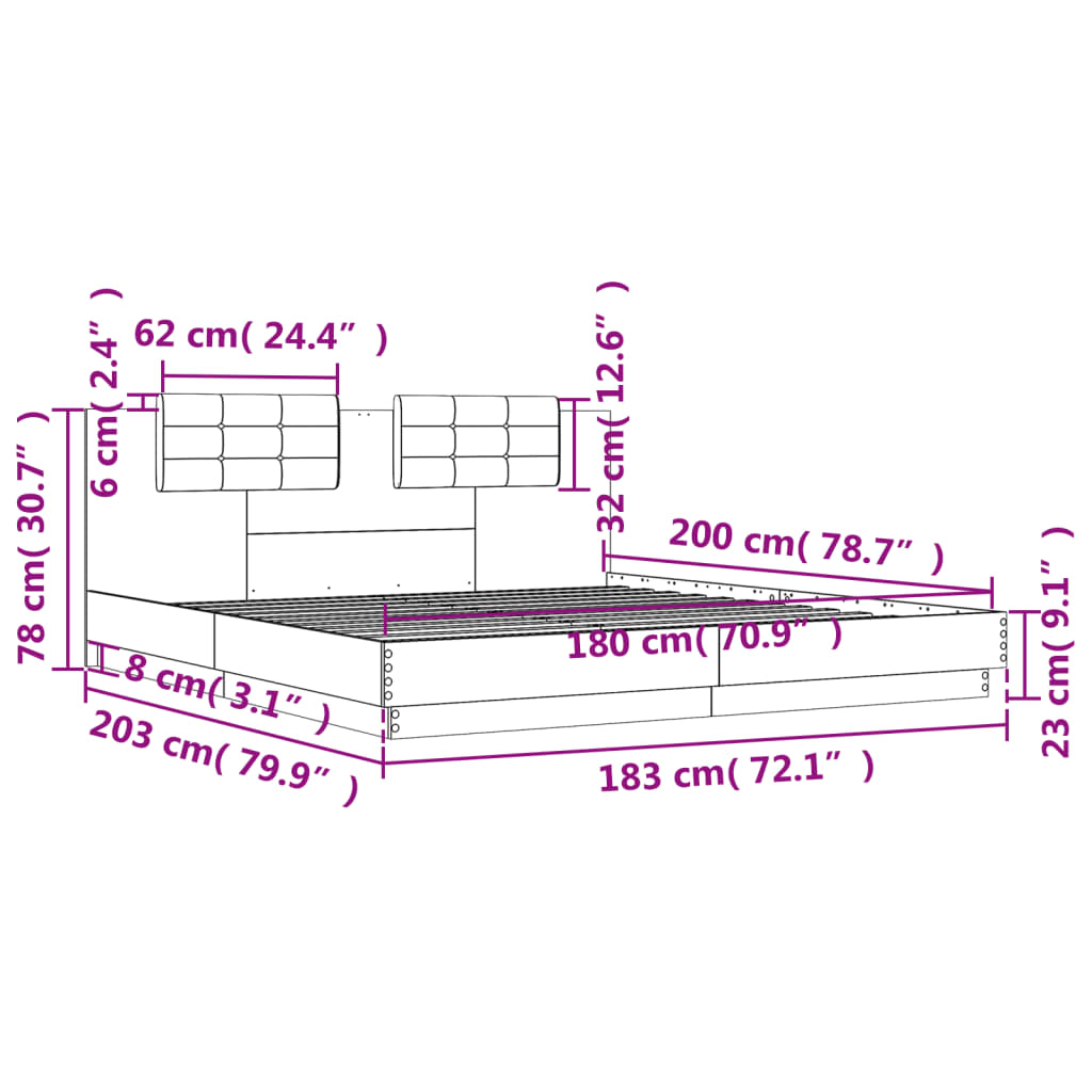 vidaXL Giroletto Testiera Grigio Sonoma 180x200 cm Legno Multistrato