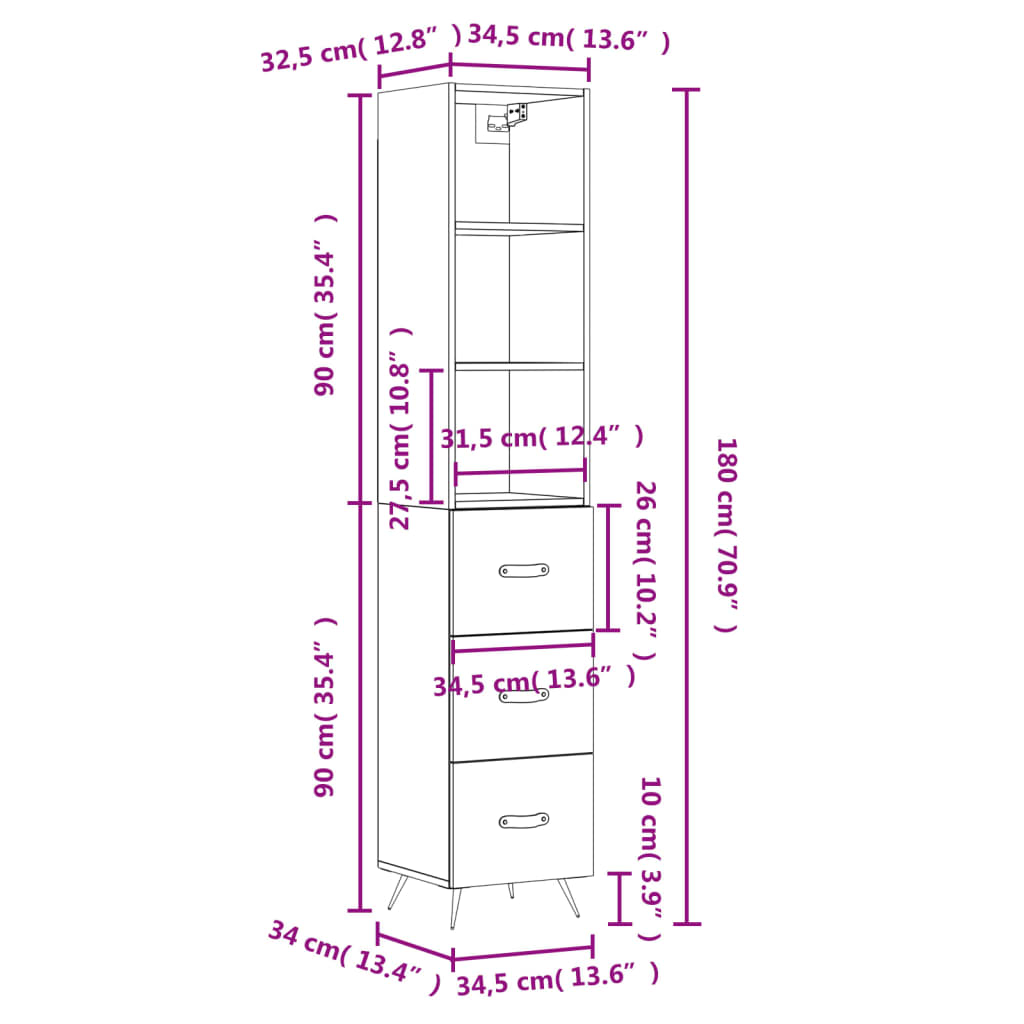 vidaXL Credenza Nera 34,5x34x180 cm in Legno Multistrato