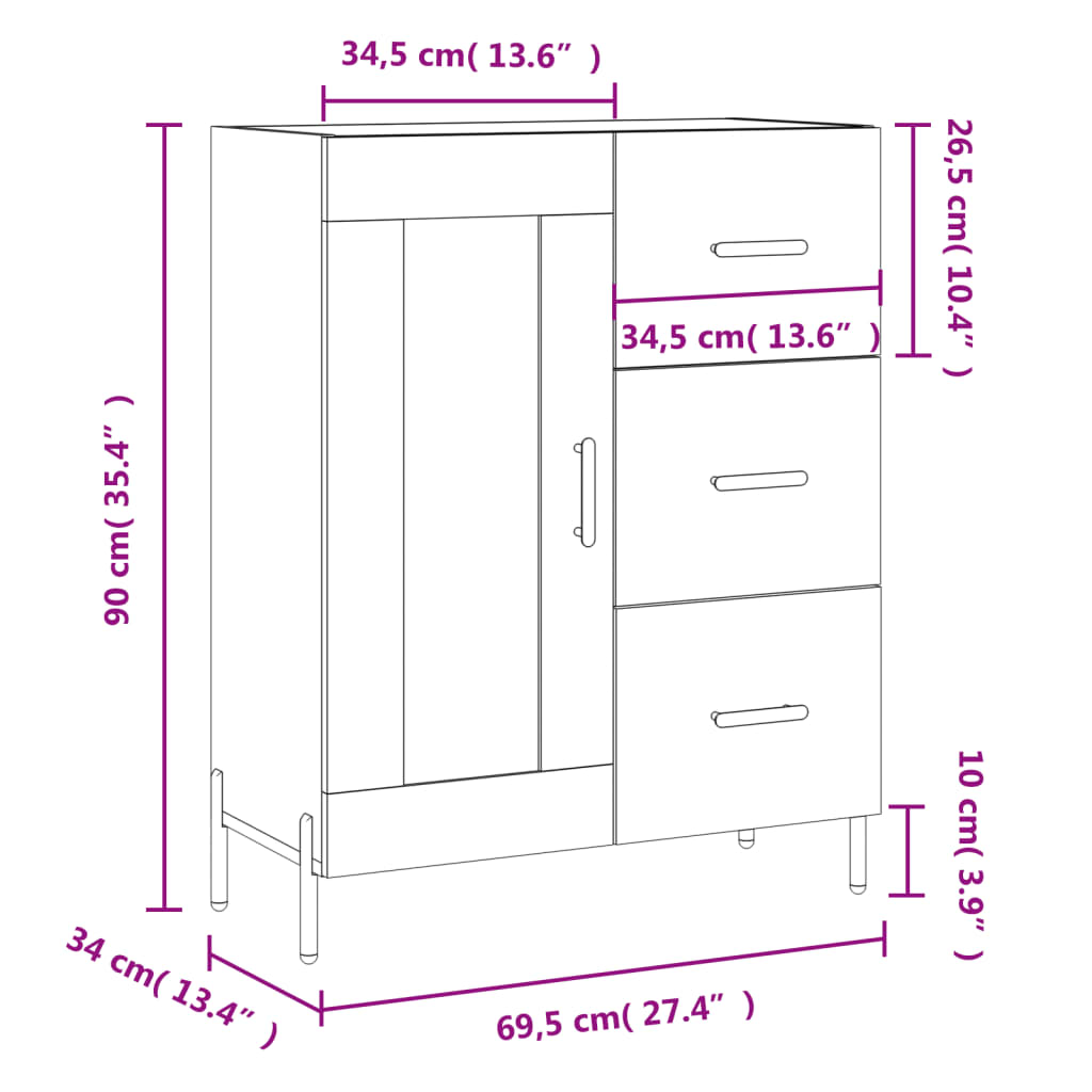 vidaXL Credenza 69,5x34x90 cm in Legno Multistrato Bianco Lucido