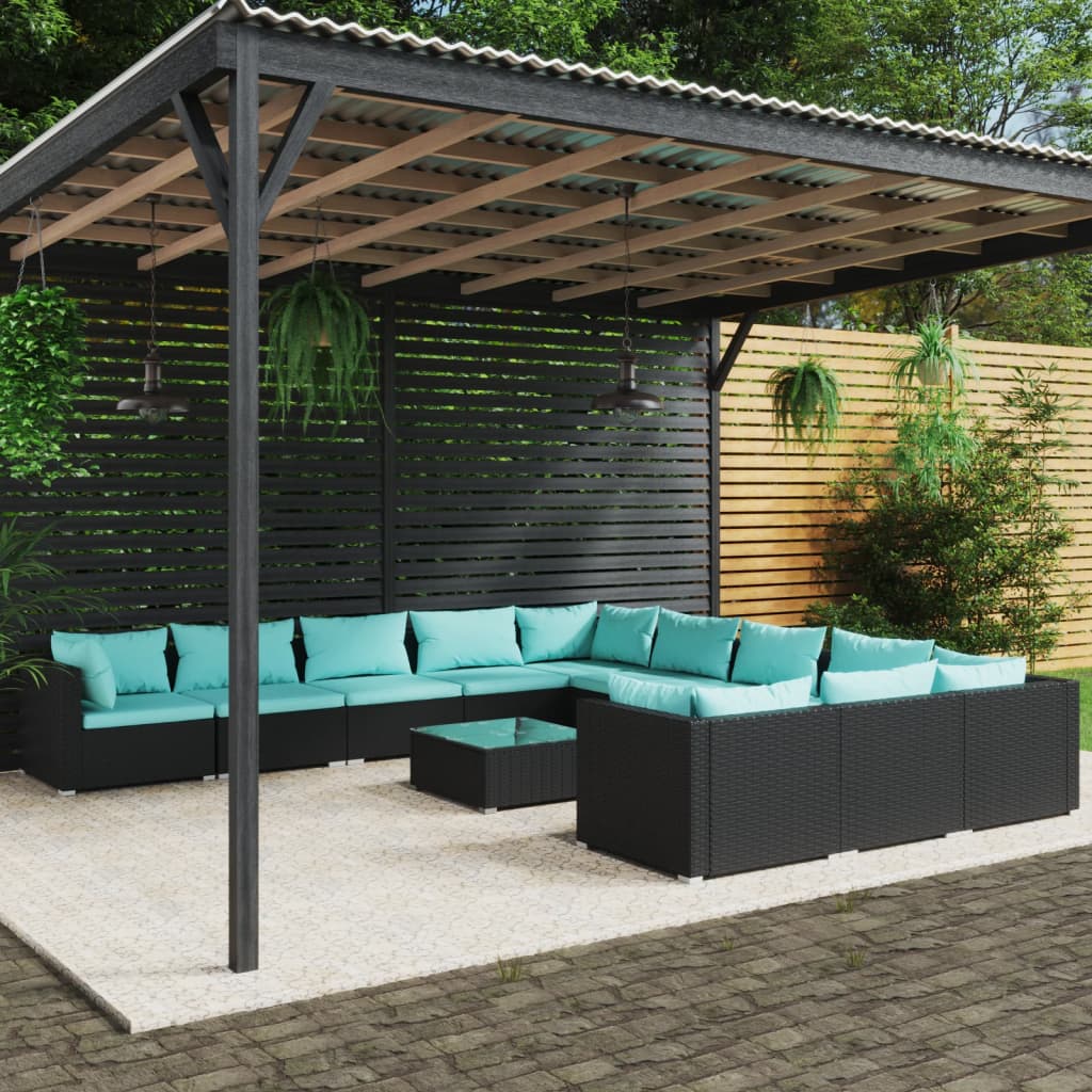 vidaXL Set Divani da Giardino 12 pz con Cuscini in Polyrattan Nero