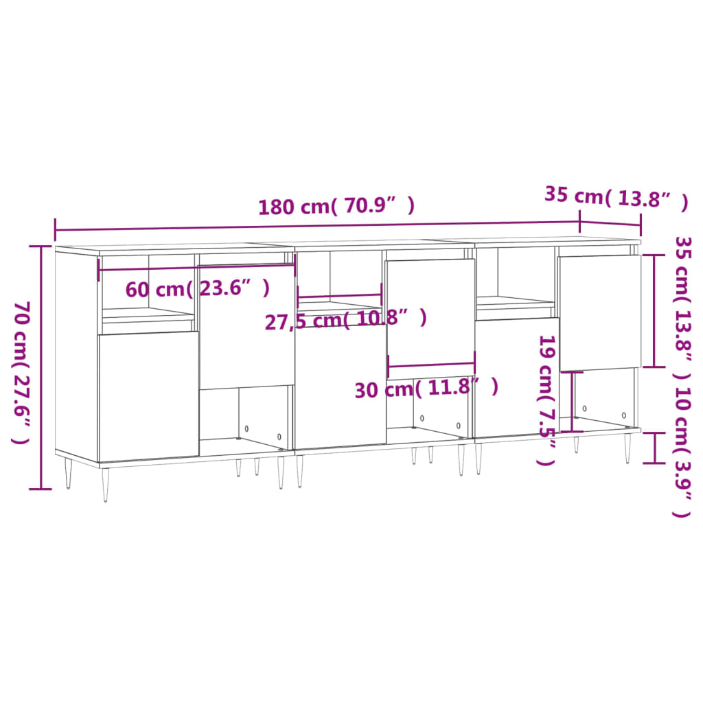 vidaXL Credenze 3 pz Nere in Legno Multistrato