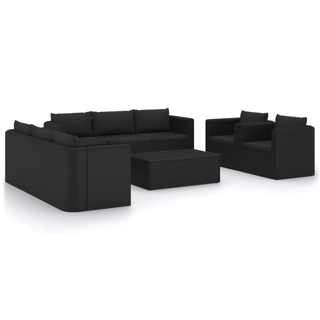 vidaXL Set Divani da Giardino 10 pz con Cuscini in Polyrattan Nero