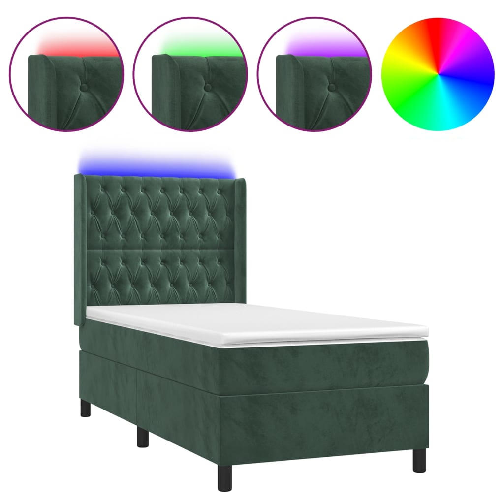 vidaXL Letto a Molle con Materasso e LED Verde Scuro 90x200cm Velluto