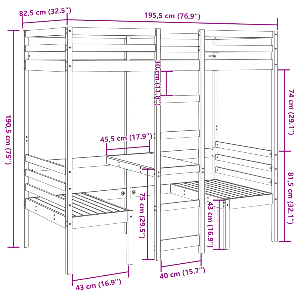 vidaXL Giroletto Soppalco con Scrivania e Sedie 75x190cm Legno Pino