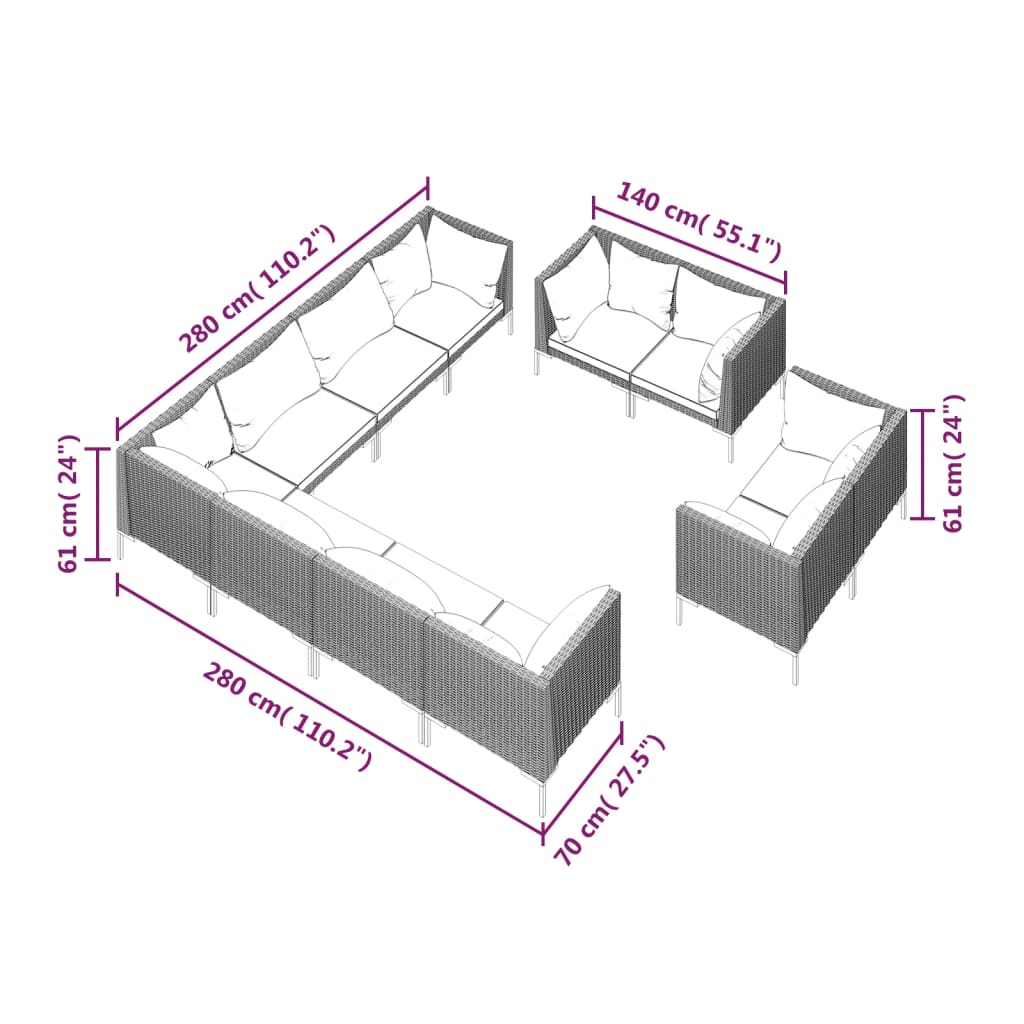 vidaXL Divani da Giardino 11 pz con Cuscini in Polyrattan Grigio Scuro