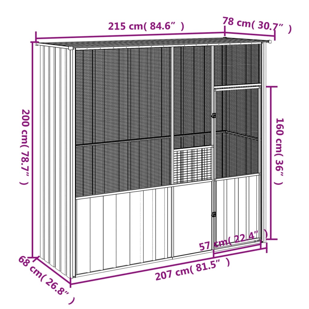 vidaXL Gabbia per Uccelli Grigia 215x78x200 cm in Acciaio Zincato