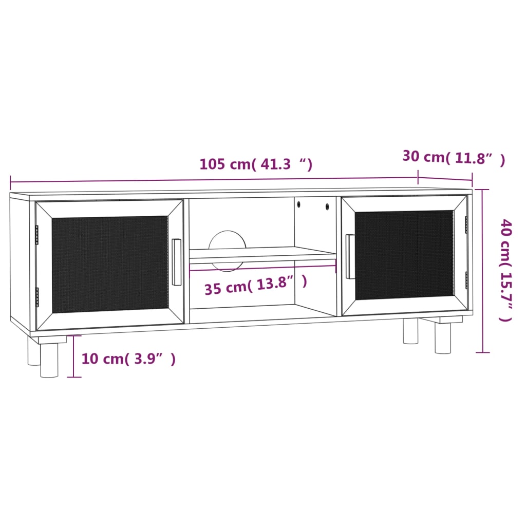 vidaXL Mobile TV Bianco 105x30x40 cm Massello Pino e Rattan Naturale