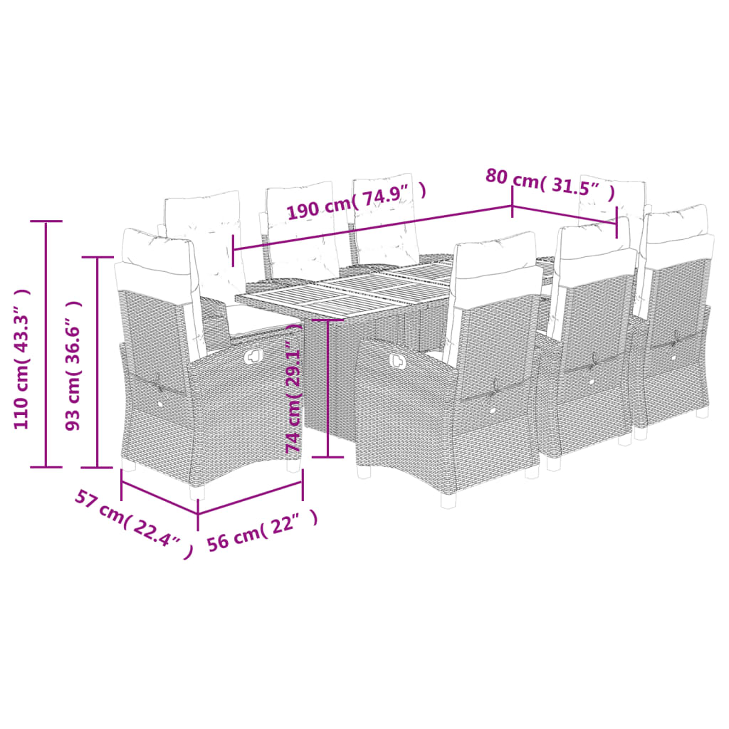 vidaXL Set Pranzo da Giardino 9 pz con Cuscini Beige Misto Polyrattan