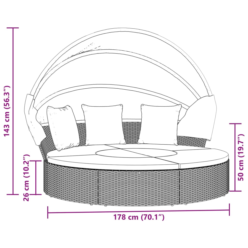 vidaXL Lettino Prendisole Esterno Tetto e Cuscini Grigio in Polyrattan