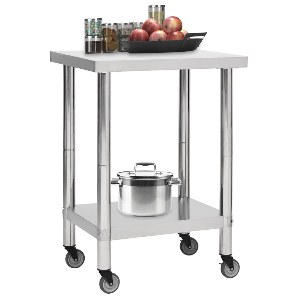 vidaXL Tavolo da Lavoro Cucina con Ruote 60x45x85 cm in Acciaio Inox