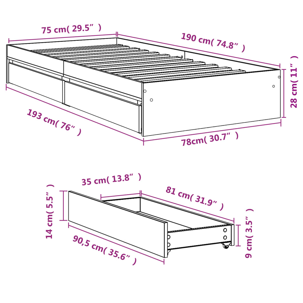 vidaXL Giroletto Cassetti Rovere Sonoma 75x190 cm Legno Multistrato