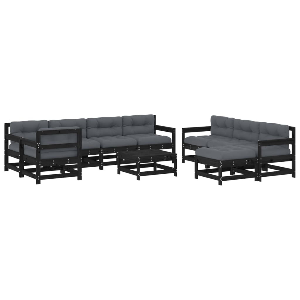 vidaXL Set Divani da Giardino 10 pz con Cuscini Legno Massello Nero