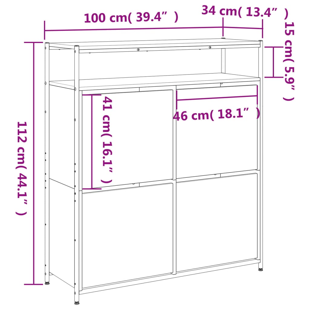 vidaXL Scarpiera 4 Cassetti Ribaltabili Rovere Sonoma 100x34x112 cm