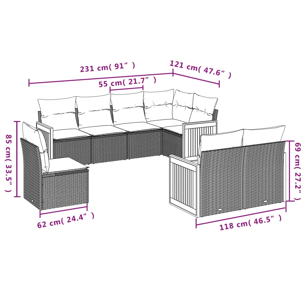 vidaXL Set Divano da Giardino 8 pz con Cuscini Grigio in Polyrattan