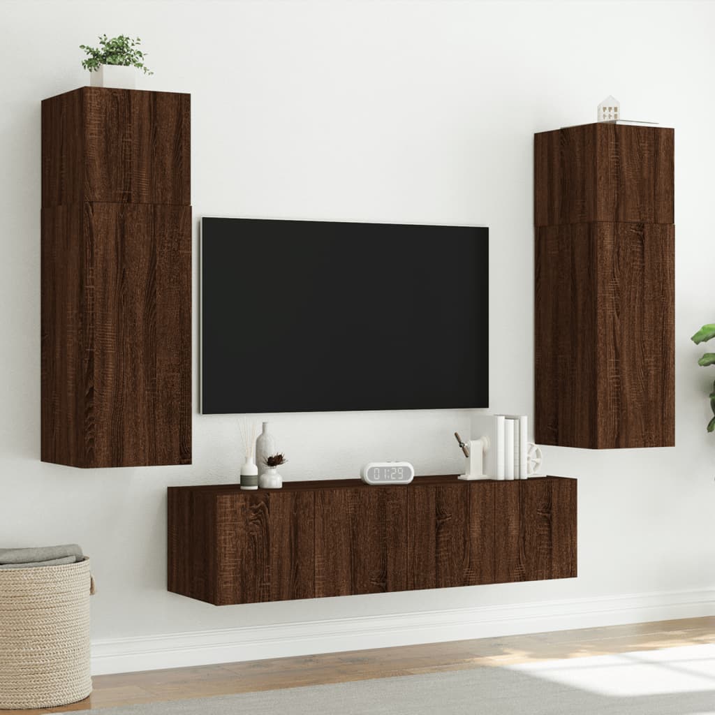 vidaXL Mobili TV a Muro con LED 6pz Rovere Marrone Legno Multistrato