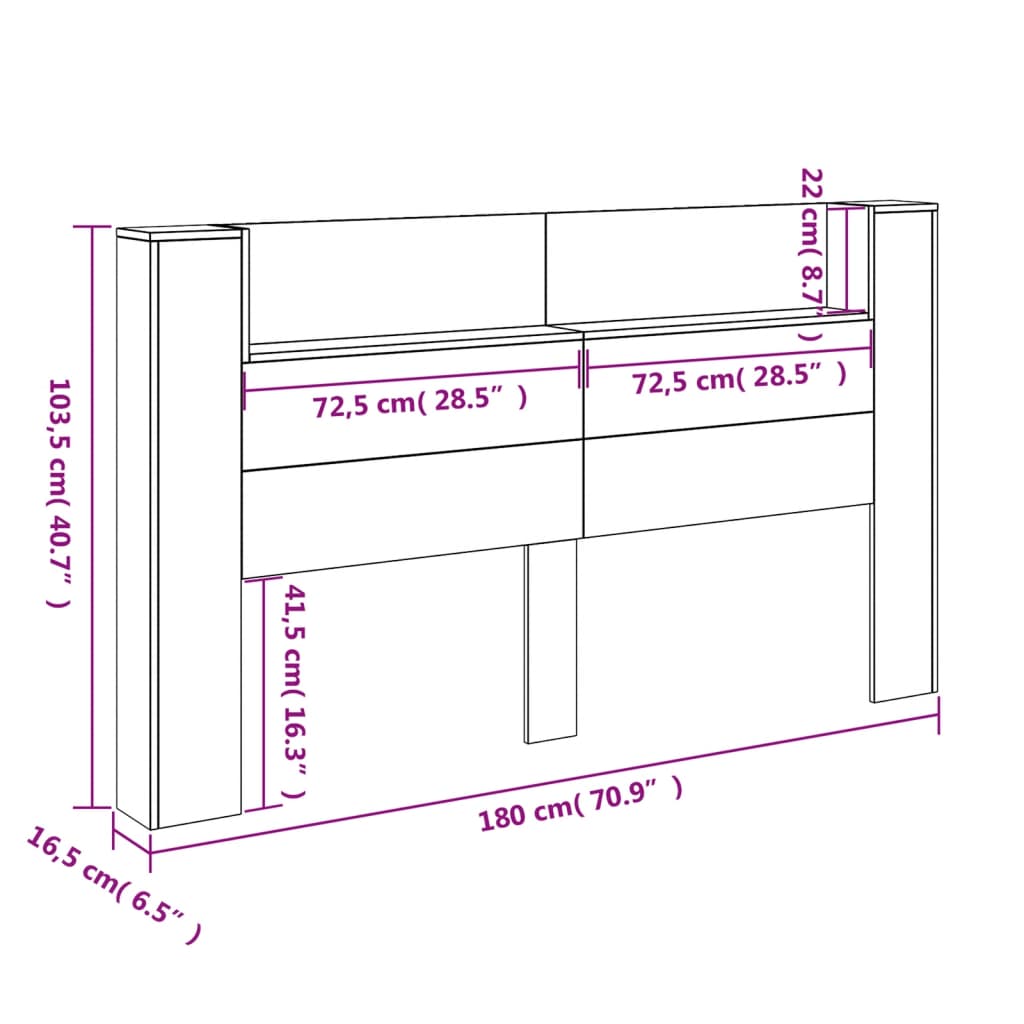 vidaXL Testiera con Contenitore a LED Nera 180x16,5x103,5 cm