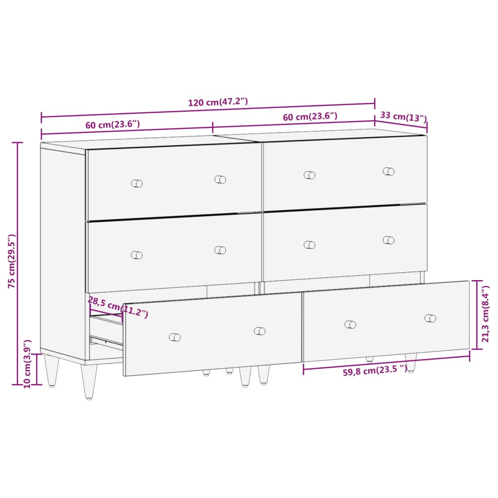 vidaXL Credenze 2 pz 60x33x75 cm in Legno Massello di Mango