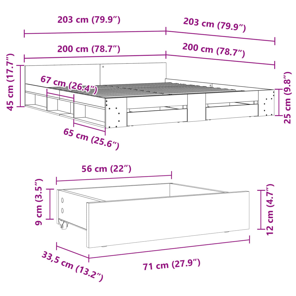 vidaXL Giroletto Cassetti Rovere Sonoma 200x200 cm Legno Multistrato