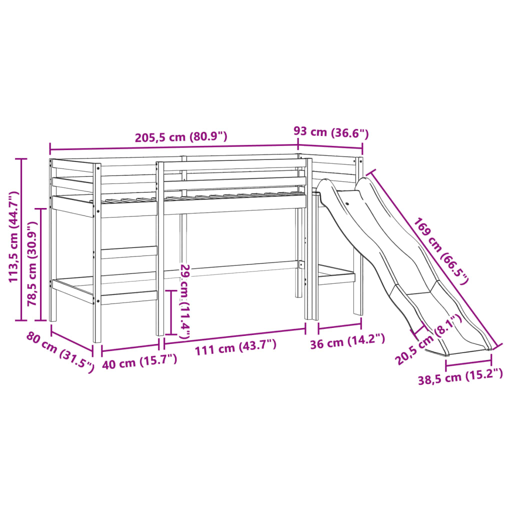 vidaXL Letto a Soppalco con Tunnel Bambini Blu 80x200cm Massello Pino