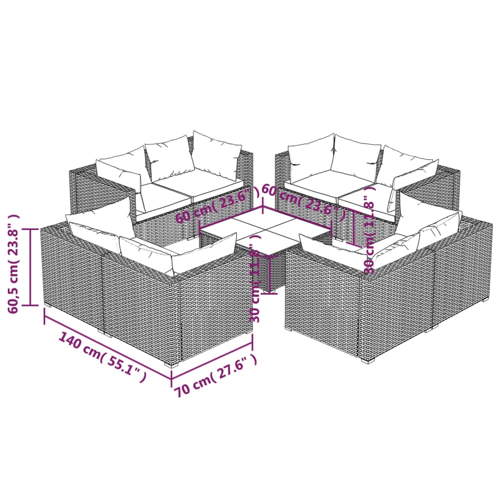 vidaXL Set Divani da Giardino 9 pz con Cuscini in Polyrattan Nero