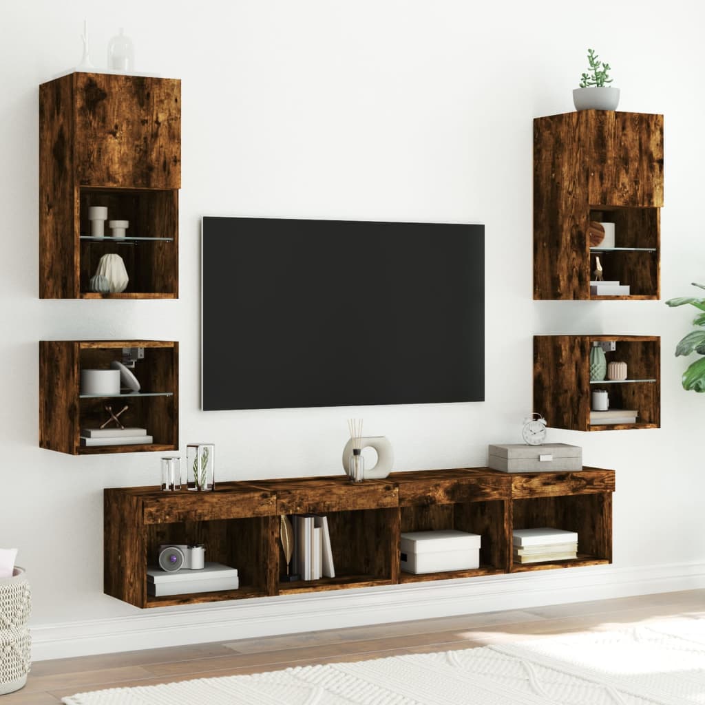 vidaXL Mobili TV a Muro con LED 8pz Rovere Fumo in Legno Multistrato