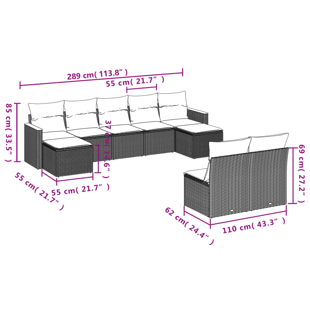 vidaXL Set Divani da Giardino 9 pz con Cuscini Nero in Polyrattan