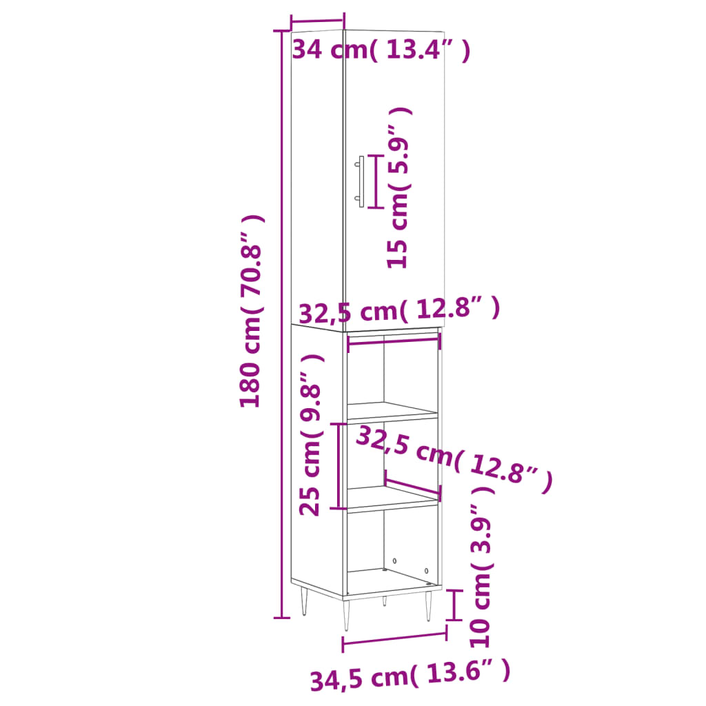 vidaXL Credenza Grigio Cemento 34,5x34x180 cm in Legno Multistrato