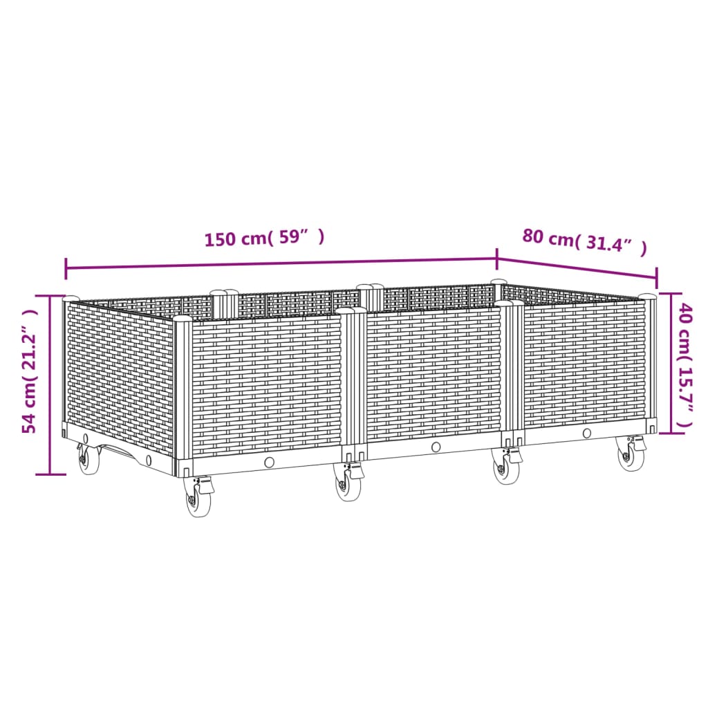 vidaXL Fioriera da Giardino con Ruote Nera 150x80x54 cm in PP