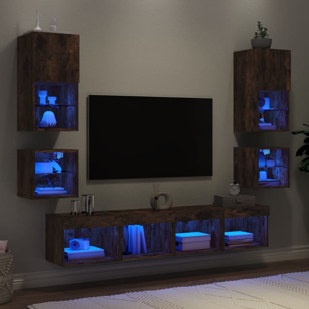 vidaXL Mobili TV a Muro con LED 8pz Rovere Fumo in Legno Multistrato