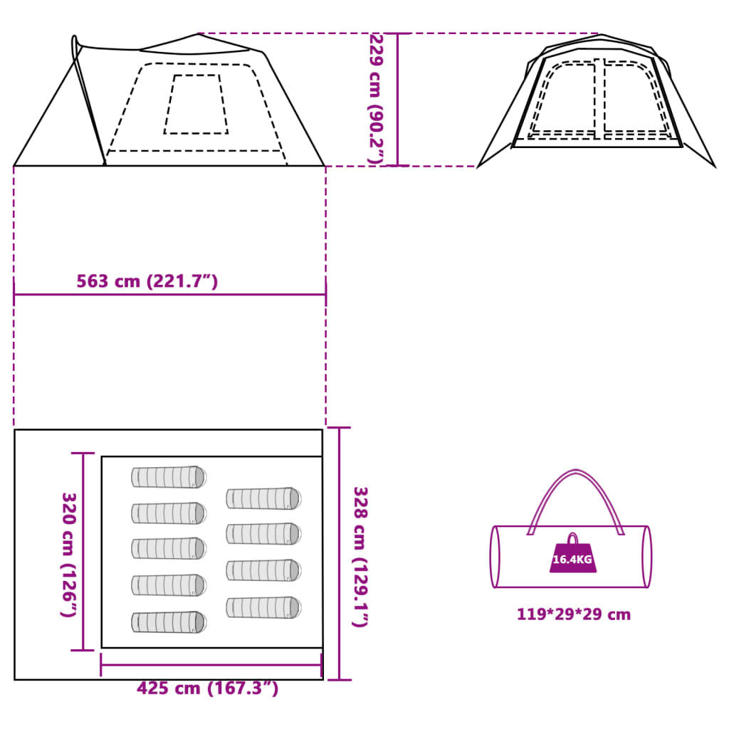 vidaXL Tenda Famiglia Portico 9 Pers. Grigio Arancione Rilascio Rapido