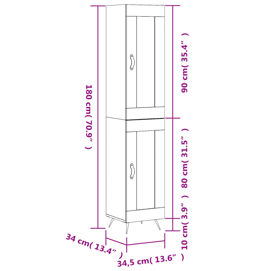 vidaXL Credenza Grigio Sonoma 34,5x34x180 cm in Legno Multistrato