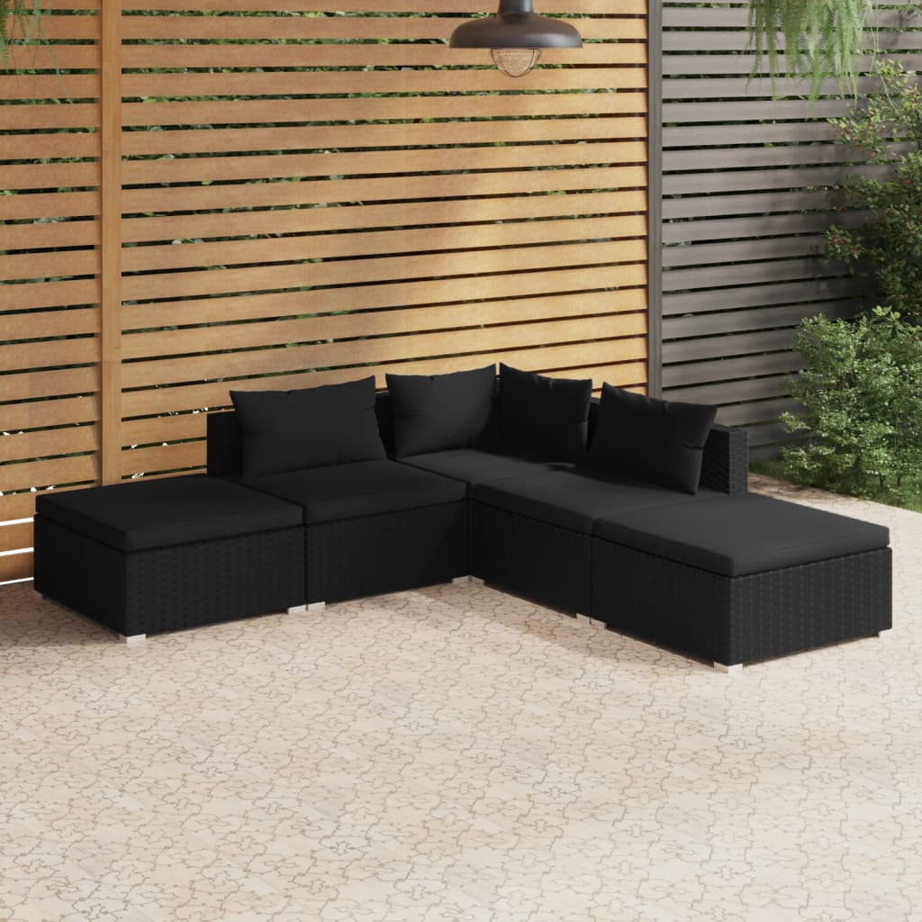 vidaXL Set Divani da Giardino 5 pz con Cuscini in Polyrattan Nero