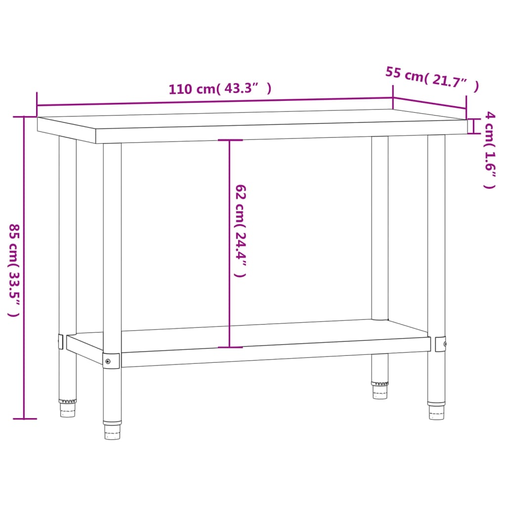 vidaXL Tavolo da Lavoro da Cucina 110x55x85 cm in Acciaio Inossidabile