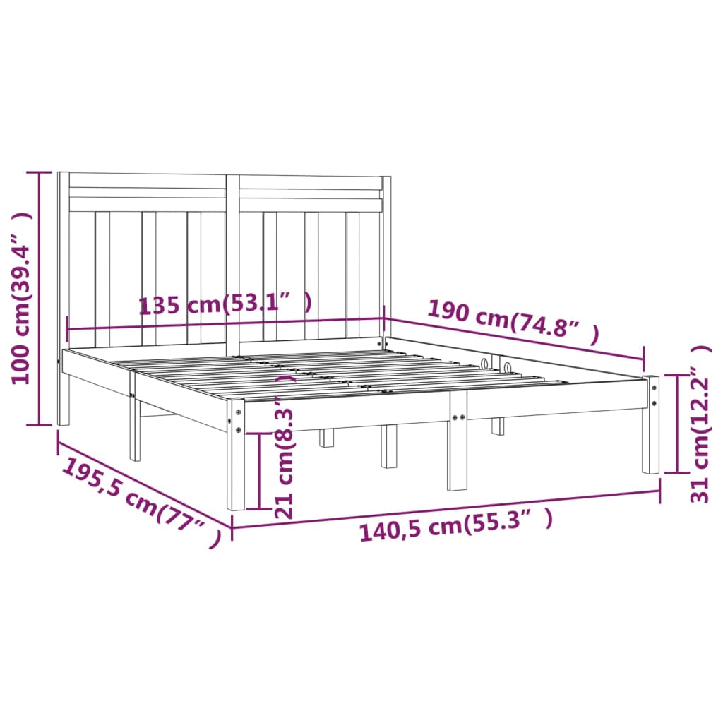 vidaXL Giroletto Nero in Legno Massello 135x190 cm Double