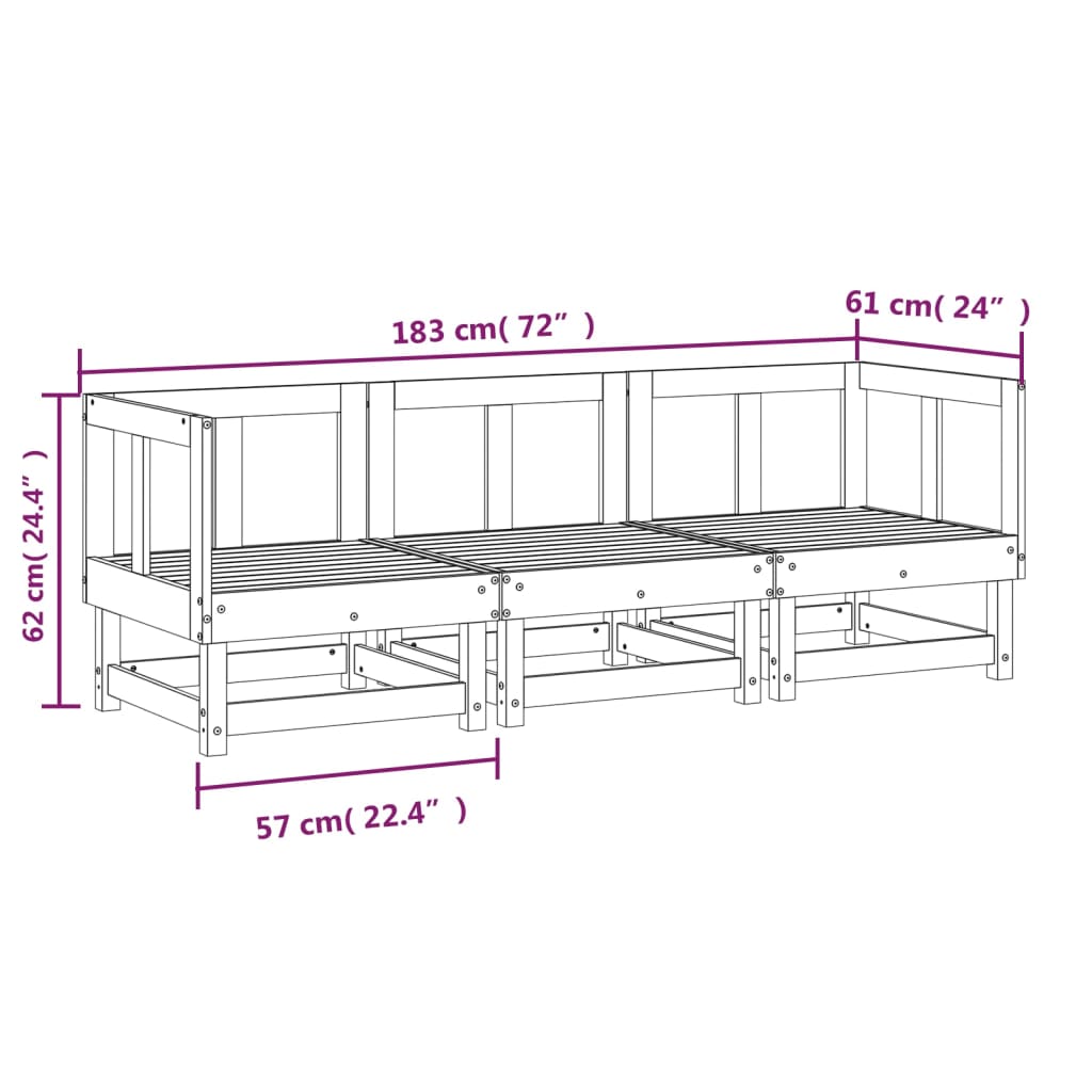 vidaXL Set Salotto da Giardino 3 pz Nero in Legno Massello di Pino