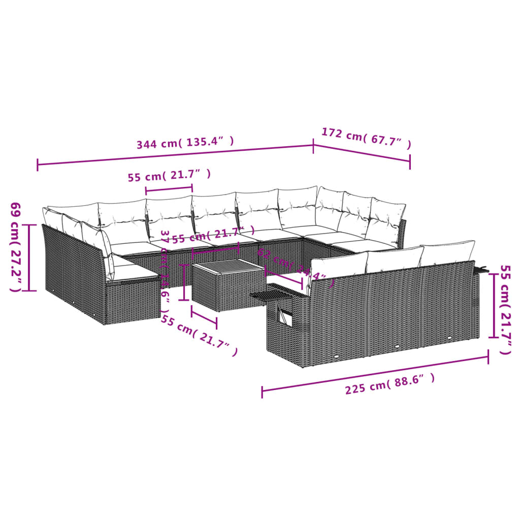 vidaXL Set Divani da Giardino 14pz con Cuscini in Polyrattan Nero