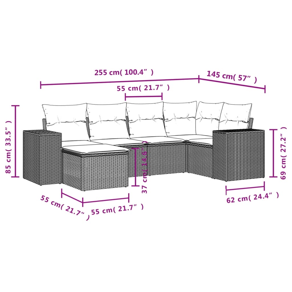 vidaXL Set Divano da Giardino 6 pz con Cuscini Nero in Polyrattan