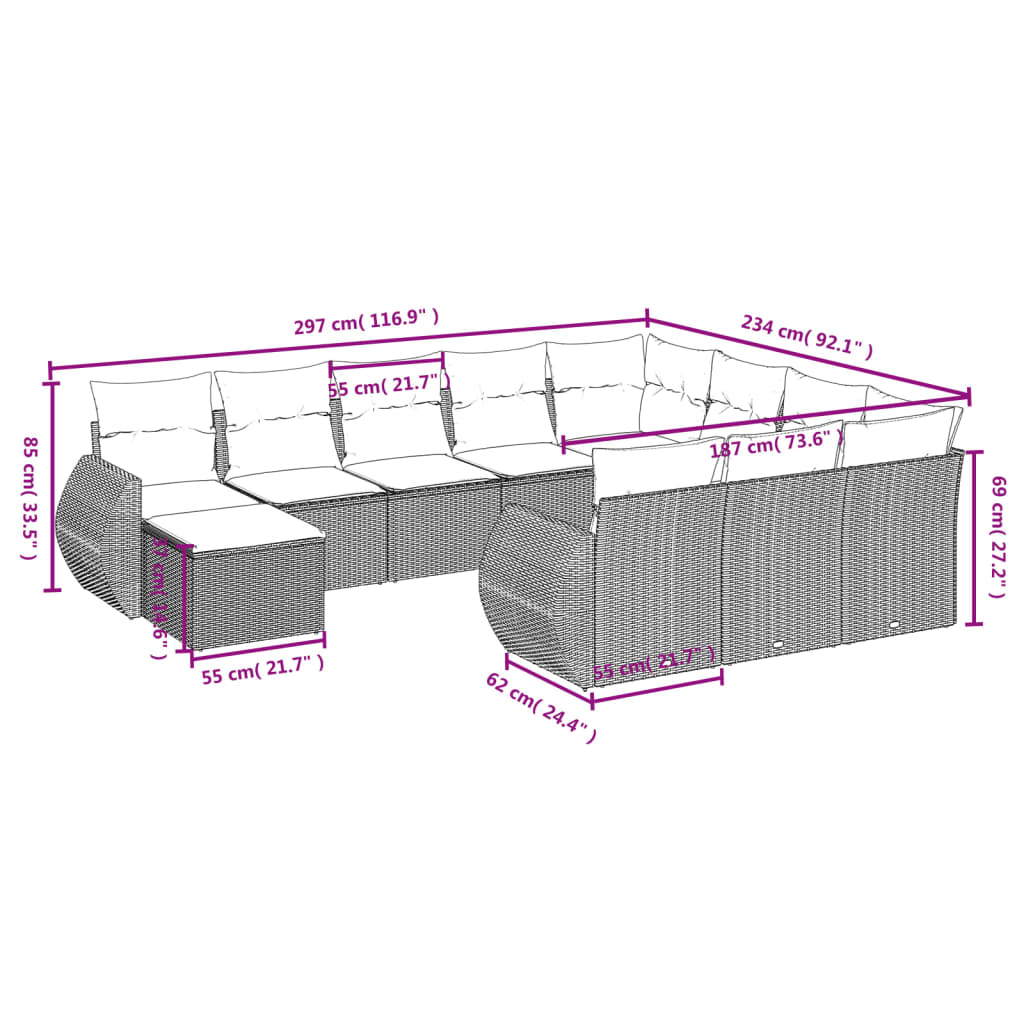 vidaXL Set Divani da Giardino 11 pz con Cuscini Beige in Polyrattan