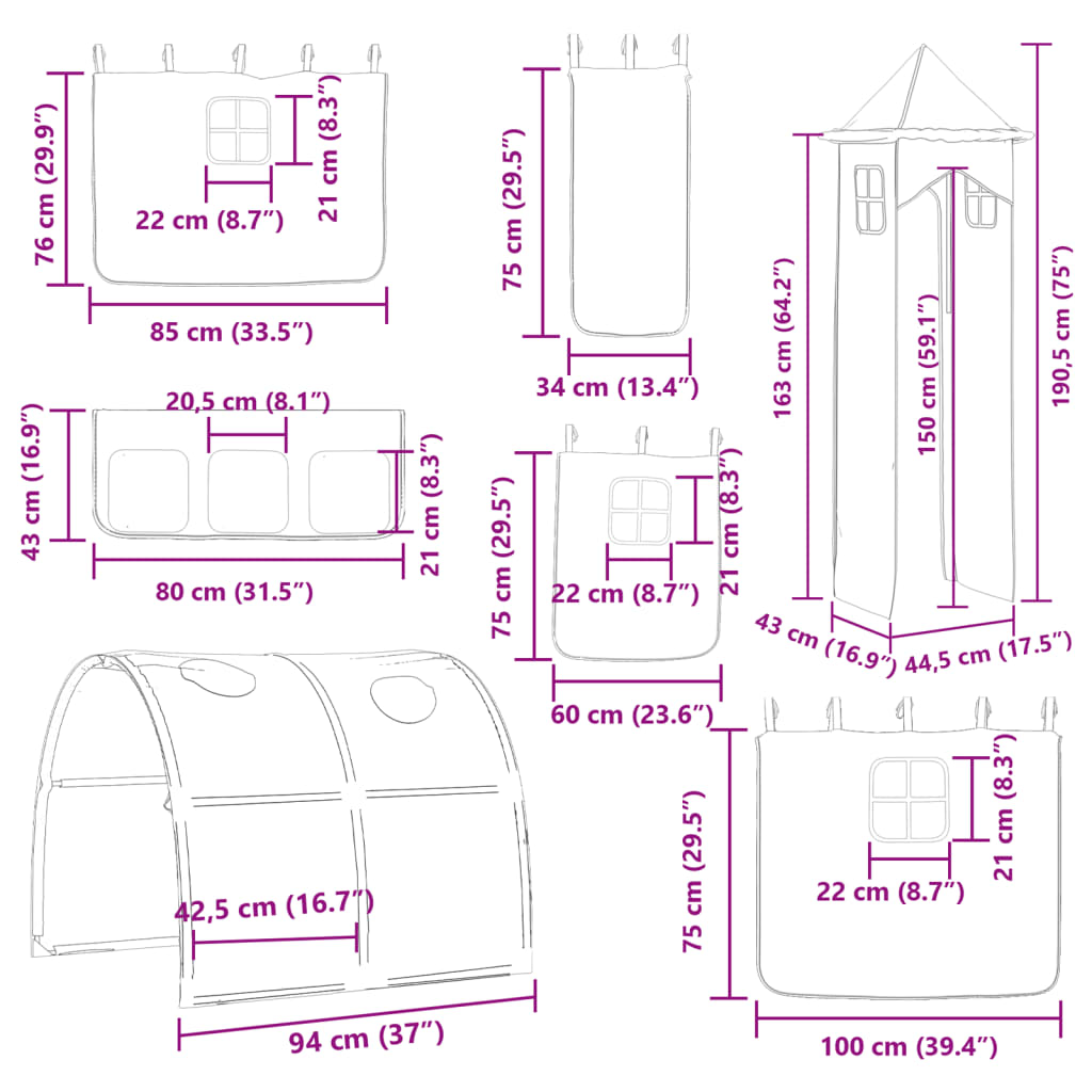 vidaXL Letto a Castello con Scivolo e Tende Blu 80x200 cm