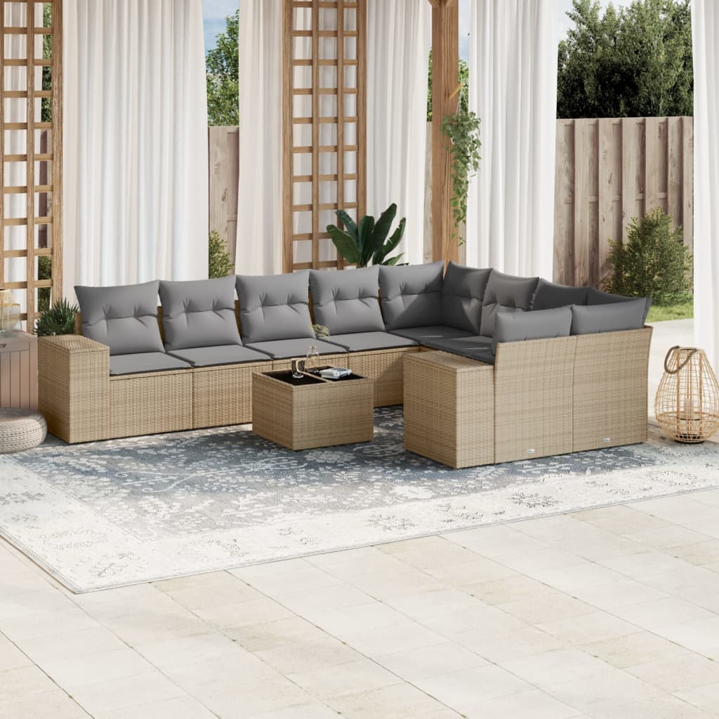 vidaXL Set Divano da Giardino 10 pz con Cuscini Beige in Polyrattan