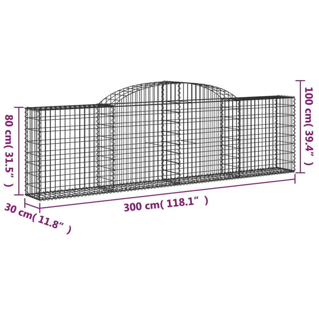 vidaXL Cesti Gabbioni ad Arco 7 pz 300x30x80/100 cm Ferro Zincato