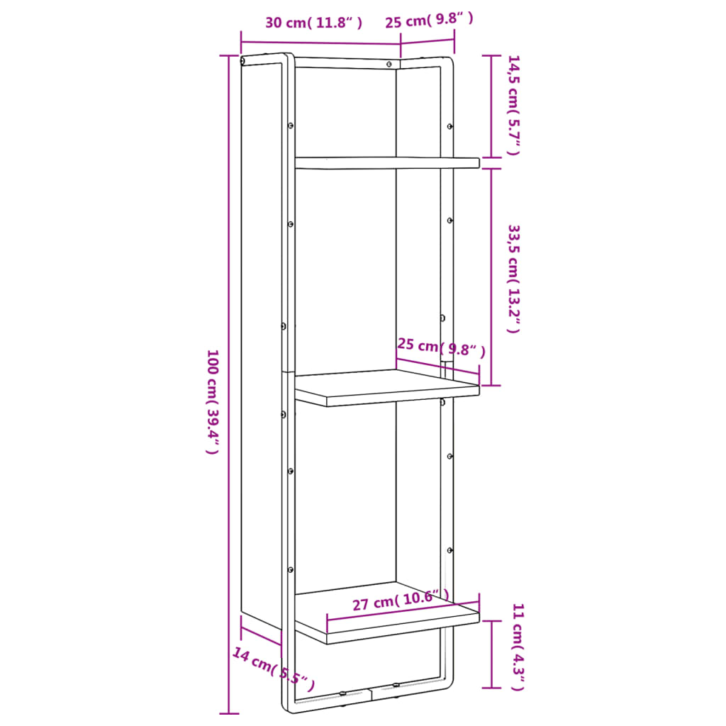 vidaXL Scaffale a Parete 3 Ripiani Nero 30x25x100 cm Legno Multistrato