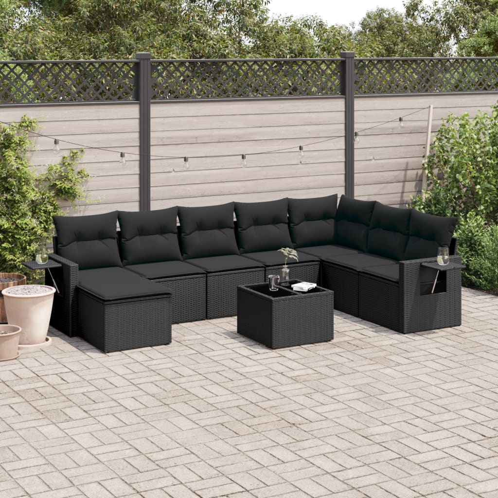 vidaXL Set Divani da Giardino 9 pz con Cuscini Nero in Polyrattan