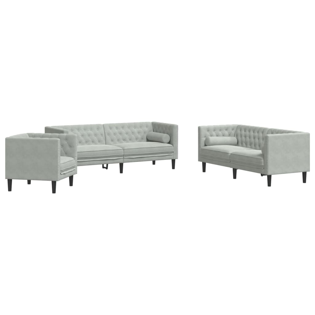 vidaXL Set Divani Chesterfield 3pz con Cuscini Grigio Chiaro Velluto