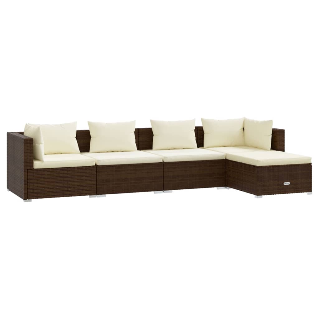 vidaXL Set Divani da Giardino 5 pz con Cuscini in Polyrattan Marrone